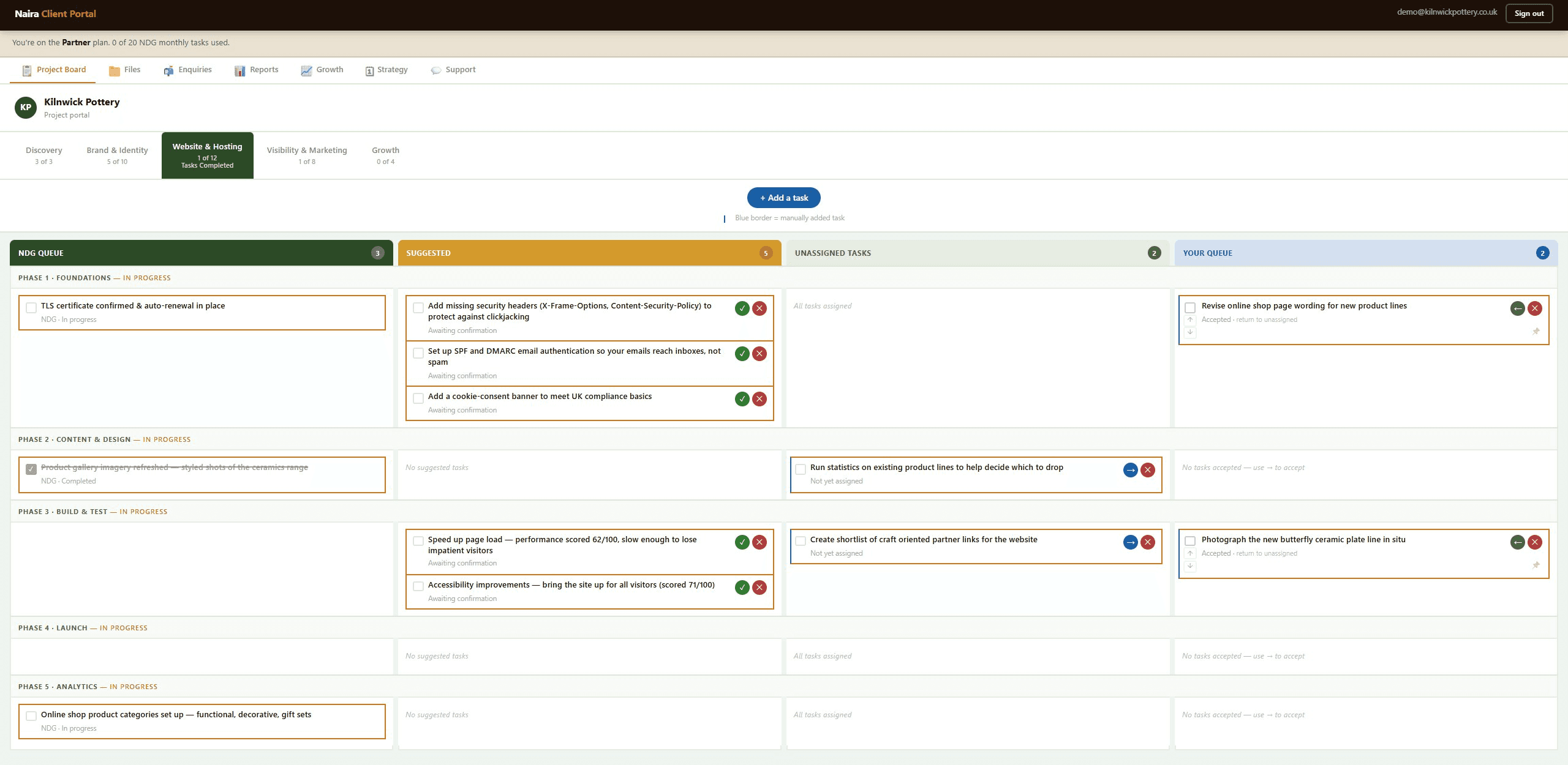 A client's Naira portal project board showing tasks across project phases