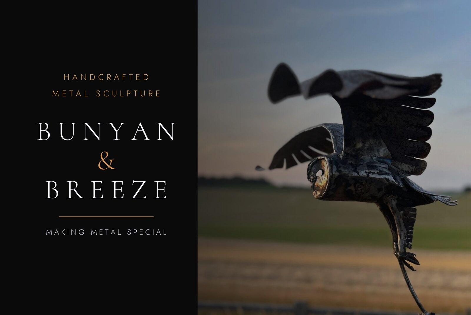 Bunyan & Breeze business card, front — brand wordmark beside a photograph of a metal bird sculpture